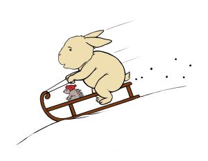 Digital drawing of bunny and hedgehog sledging