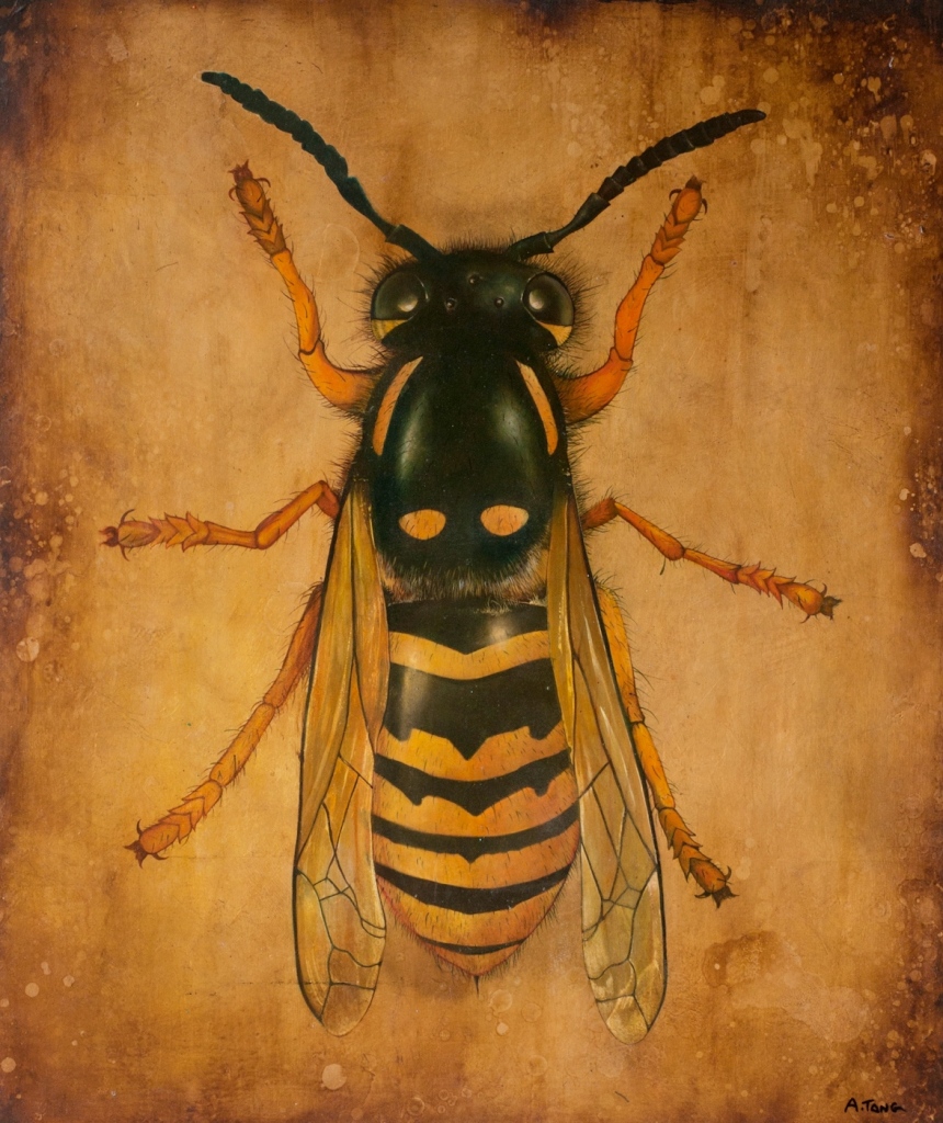 oil painting of wasp on guilded background