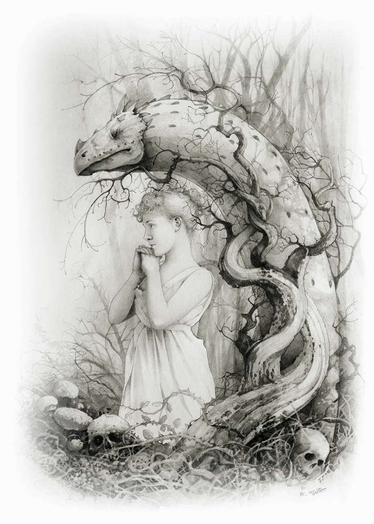 Pencil drawing with beautiful lady and giant white worm towering over her