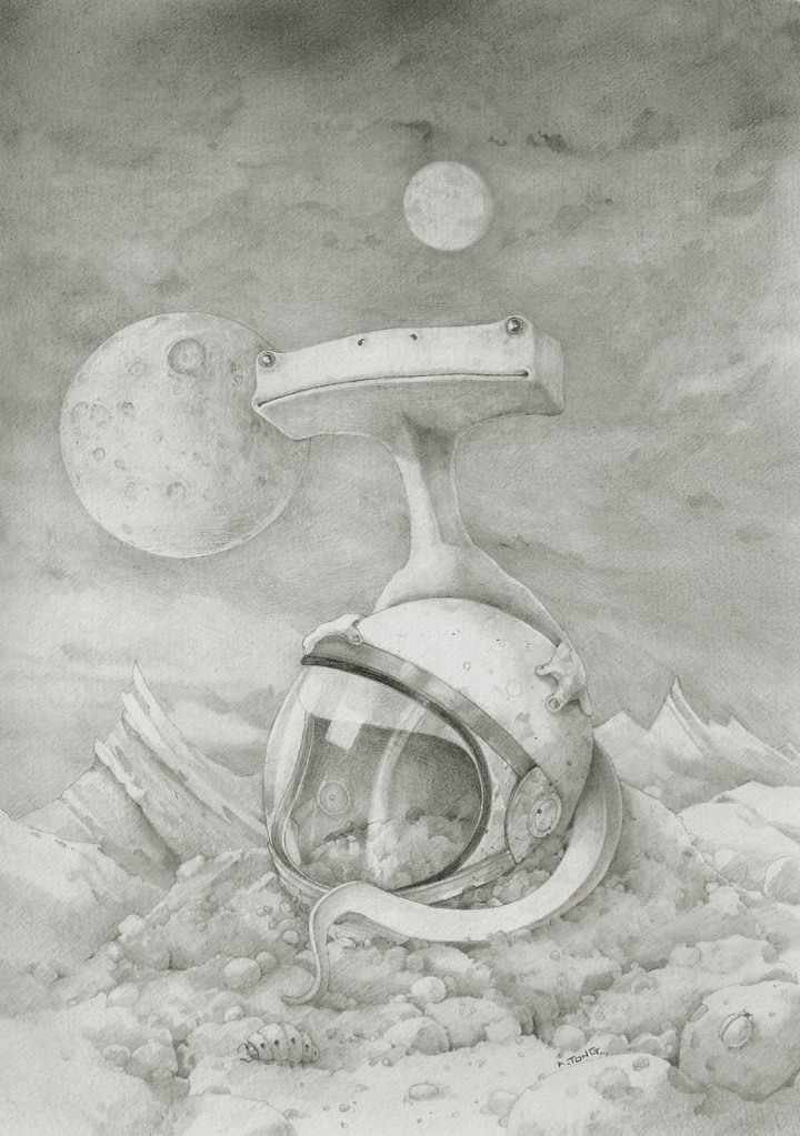 Artwork with space landscape and creature sitting on an astronaut helmet