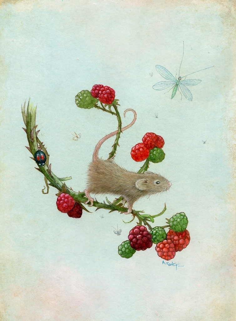 Watercolour painting with mouse Maurice in a raspberry bush