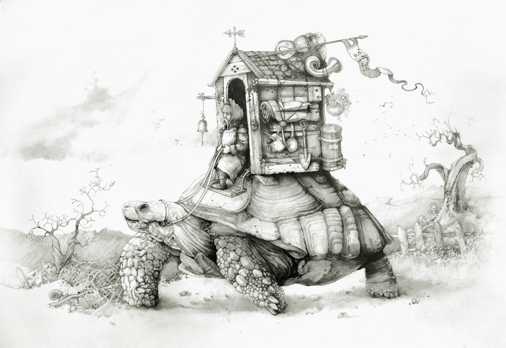 Pencil drawing of old man with his little house riding on a giant turtle