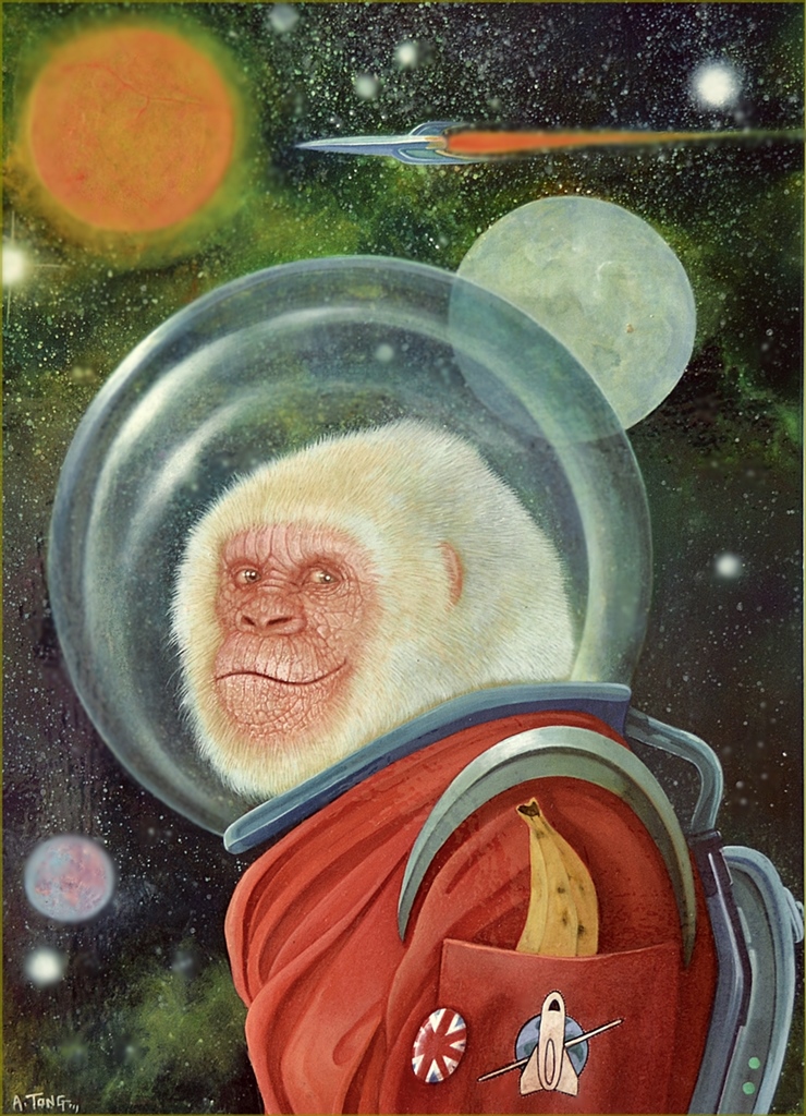 Oil painting of ape in astronaut suit with flying rocket and space in background