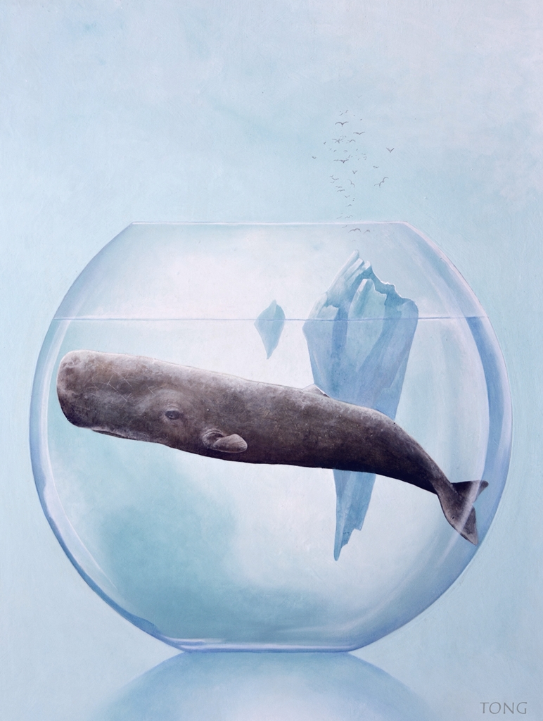 Acrylic painting with whale in giant glass bowl with floating icebergs