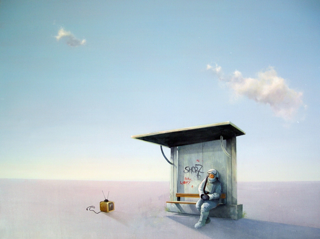 Acrylic painting on canvas of an astronaut sitting alone at a bus stop in a desolate landscape looking at an old unplugged tv