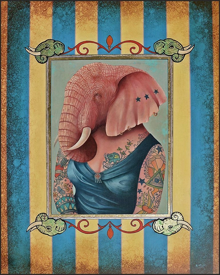 Oil painting showing pink elephant lady Gladys in a blue dress with tattooed arms on a blue-golden striped background