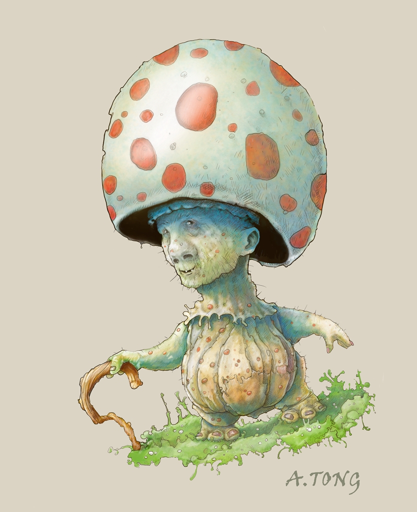 Watercolour drawing of friendly-looking, old mushroom man 