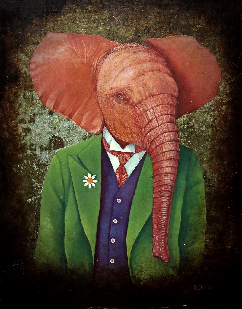 Oil painting with red elephant Phillip wearing a green suit