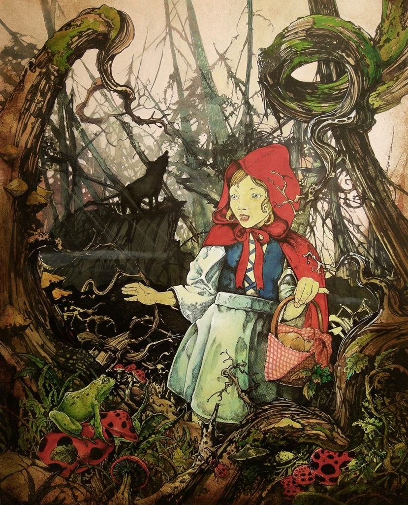 Watercolour and pen painting with red riding hood in a mystic forest and a howling wolf in the background