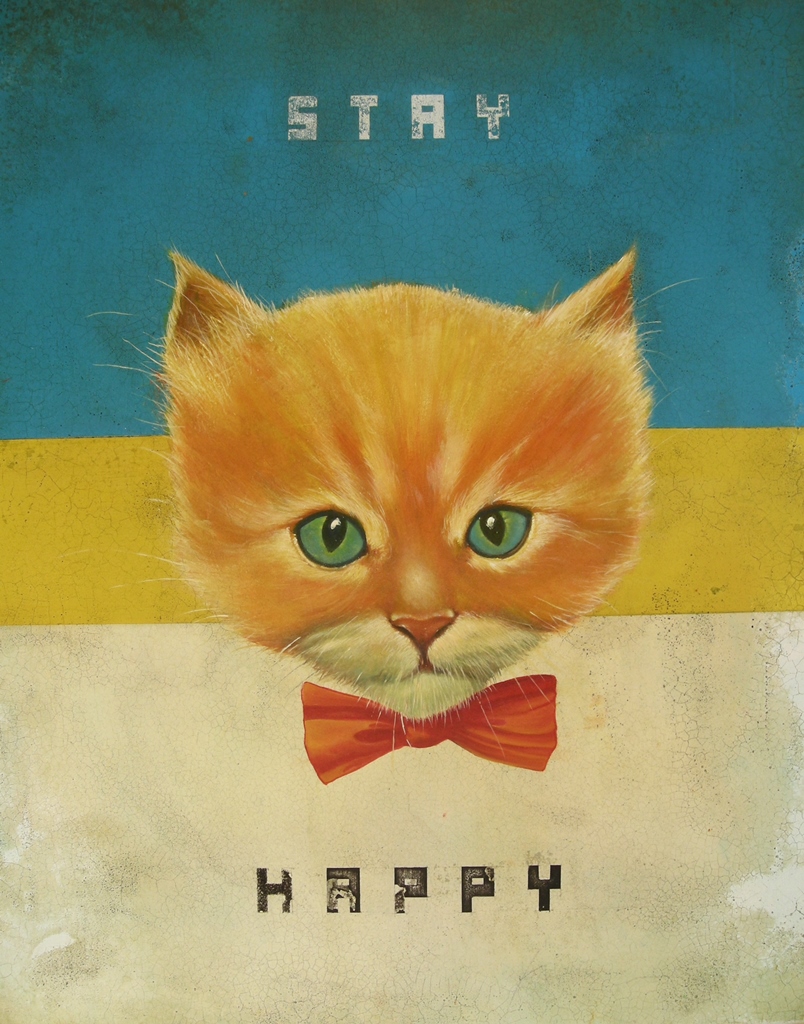 Oil painting showing a head of a kitten with a red bow and stay happy writing