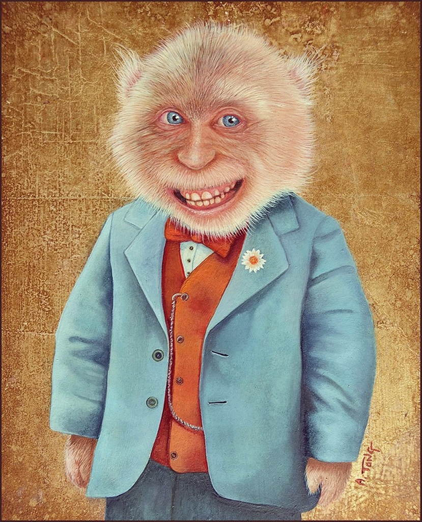 Oil painting of a grinning monkey named Terry dressed in a suit